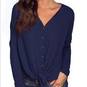 Women’s blue waffle knit tunic blouse